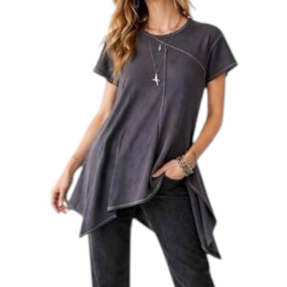 Free People Asymmetrical Patchwork Tunic Top Small Gray Raw Hem Boho‎ Lagenlook